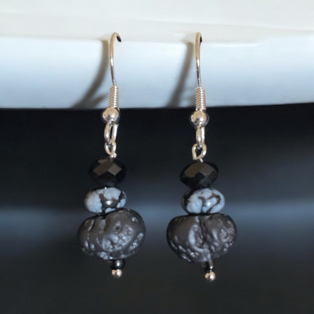 Black Lava Rock, Cristobalite Snowflake Obsidian and Silver Dangle Earrings
